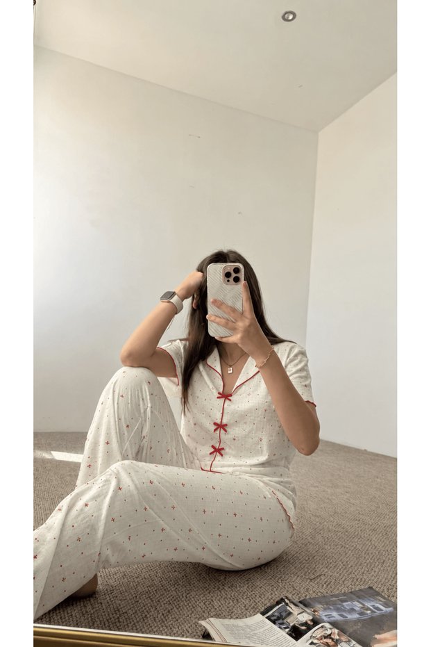 Ribbon Detailed Marine Star Patterned Short Sleeve Pajama Set - White & Red