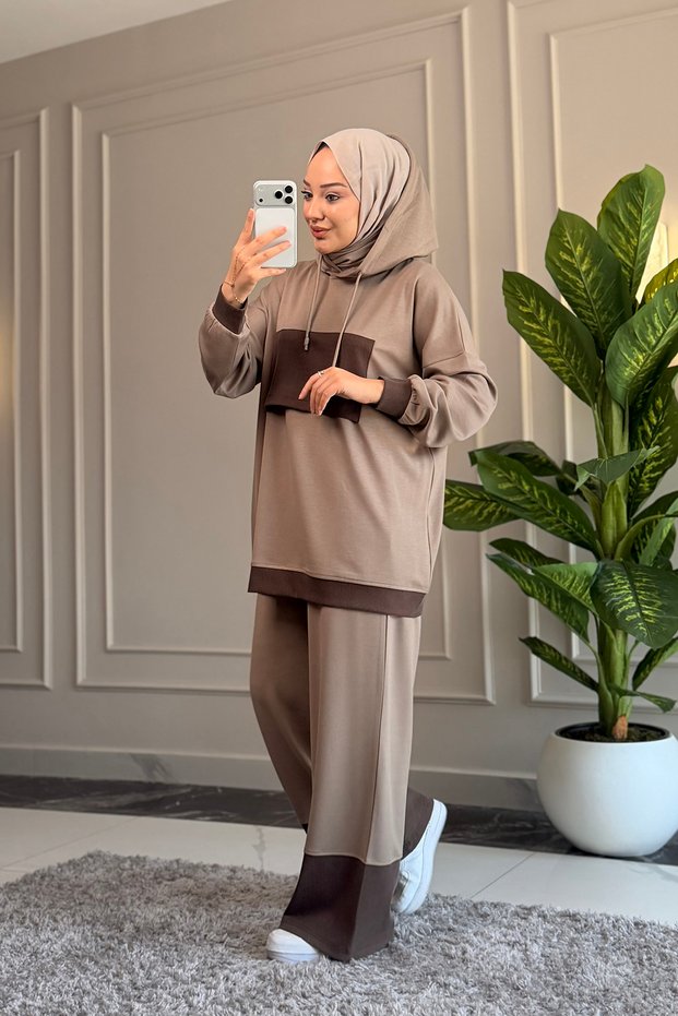 6263 - Stylish, Comfortable, Loose-Fitting Modal Ripo Garnished Fabric Hooded Women's Set