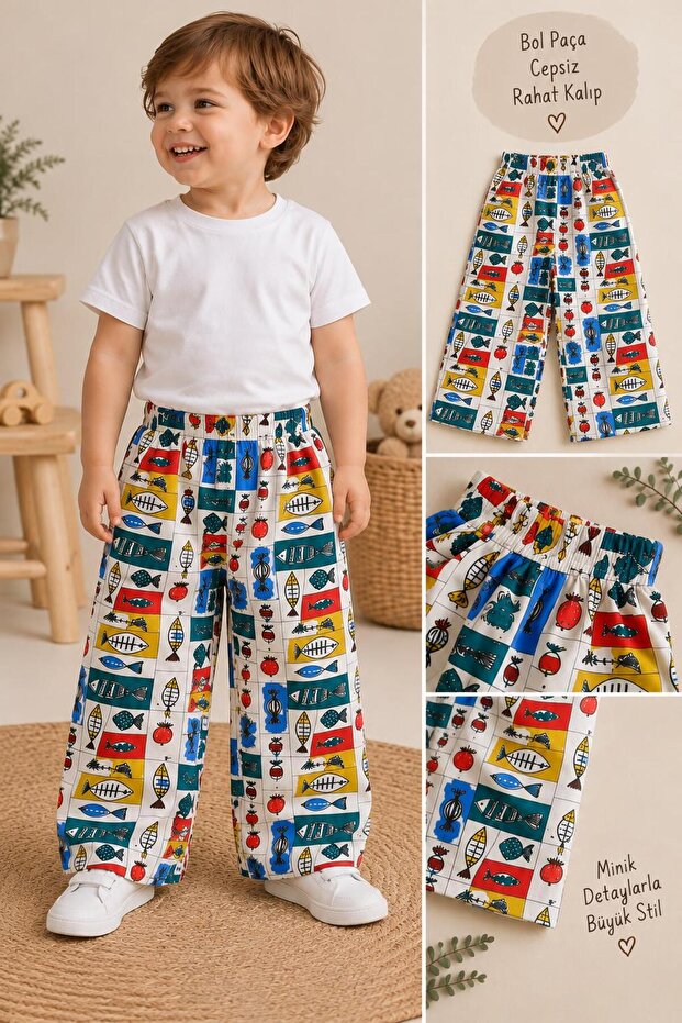 Boy's Colorful Fish Patterned Wide Leg Elasticated Trousers