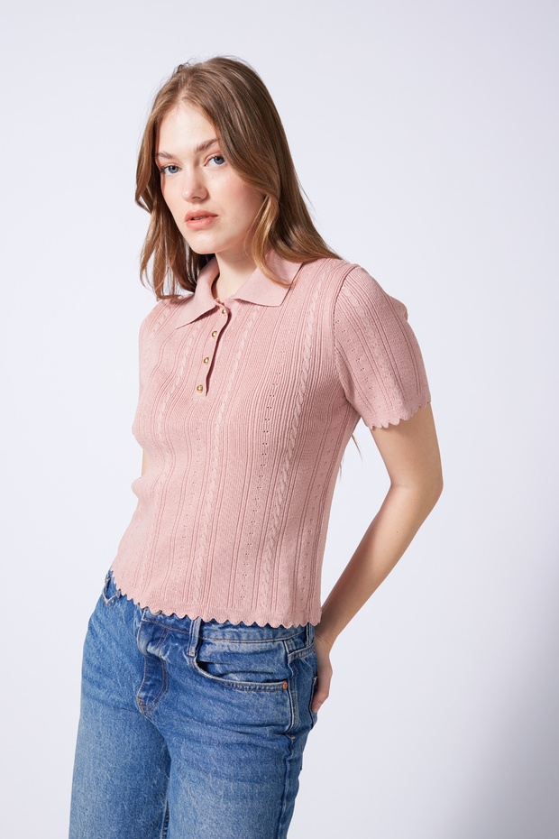 Polo Collar Button Detail Tricot Blazer Pudra
