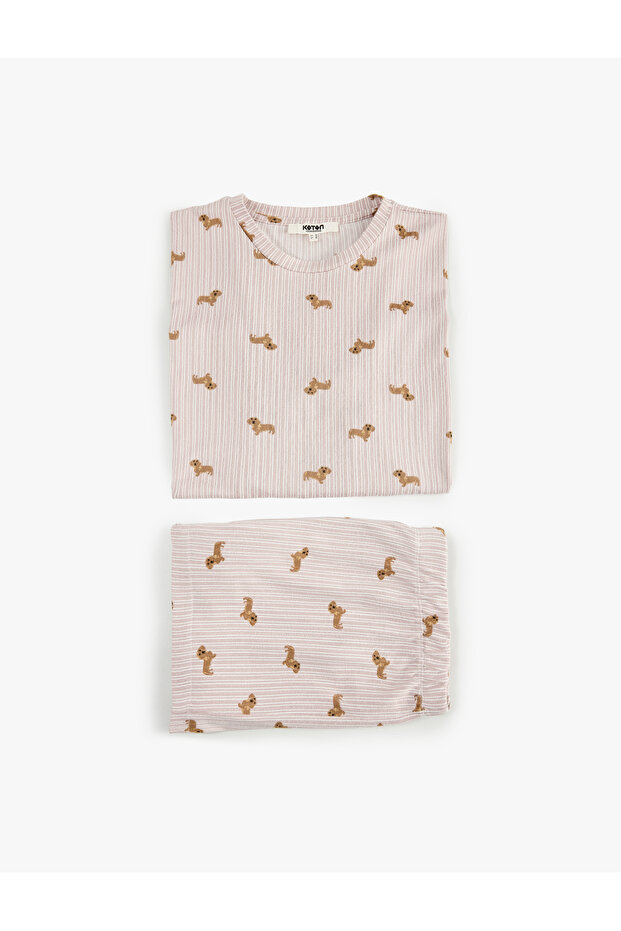 Dog Print Relaxed Fit Long Sleeve Striped Pajama Set with Shorts