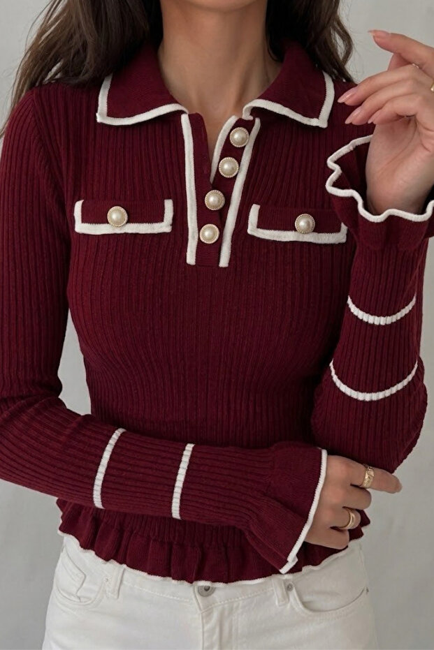 Women's Polo Neck Pearl Buttoned Ruffled Ribbed Knit Sweater