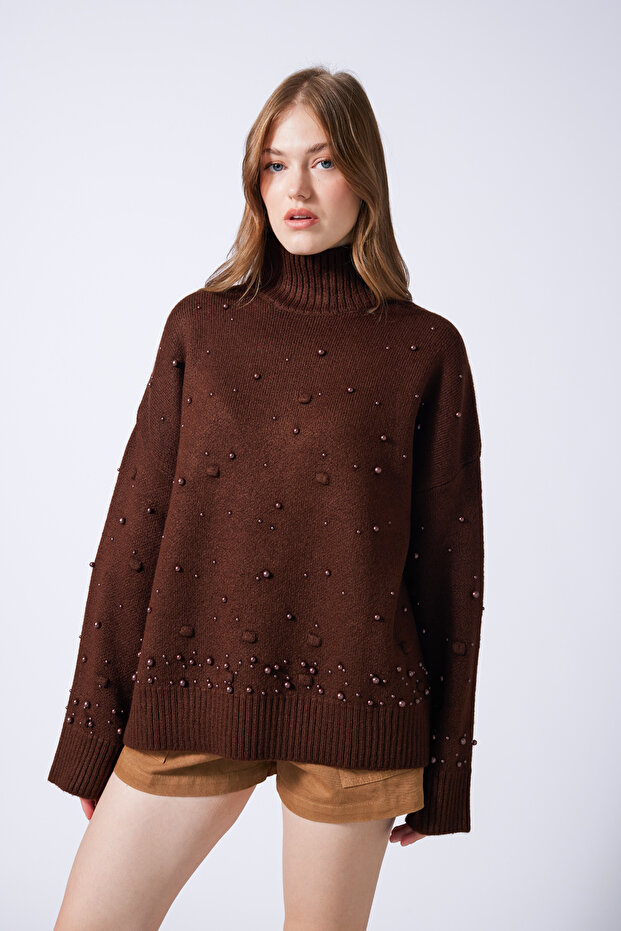 Pompom Pearl Knitwear Sweater Brown