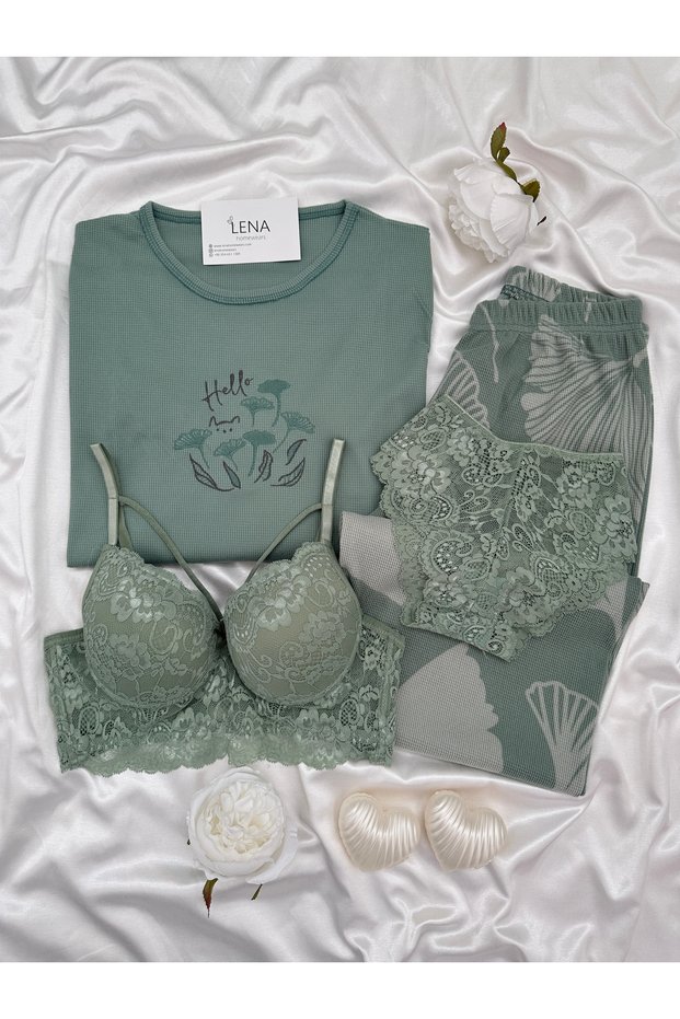 Çağla Leaf Patterned 4-Piece Bralette Crew Neck Long Sleeve Premium Waffle Pajama Set