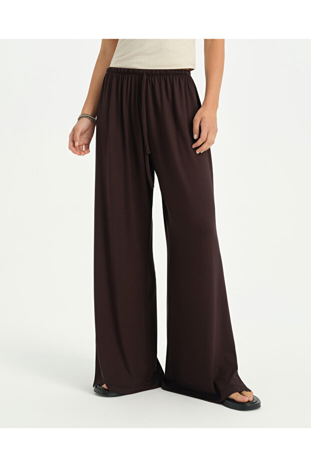 Brown Drawstring Waist Slit Pants
