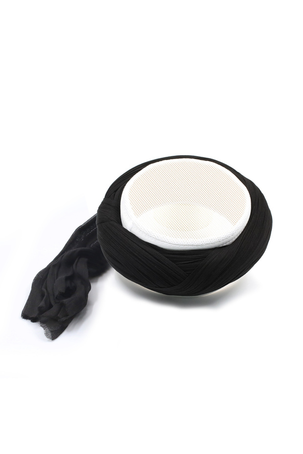 Mesh Sarık - Black Fabric - White Skullcap - Crossed Wrap - Mesh - 7 Meters (Züabeli)