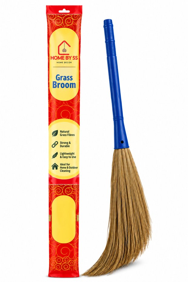 Premium Natural Grass Broom with Sturdy Handle | Lightweight Eco-Friendly Sweeping Broom | Durable Indoor & Outdoor Floor Cleaning Brush