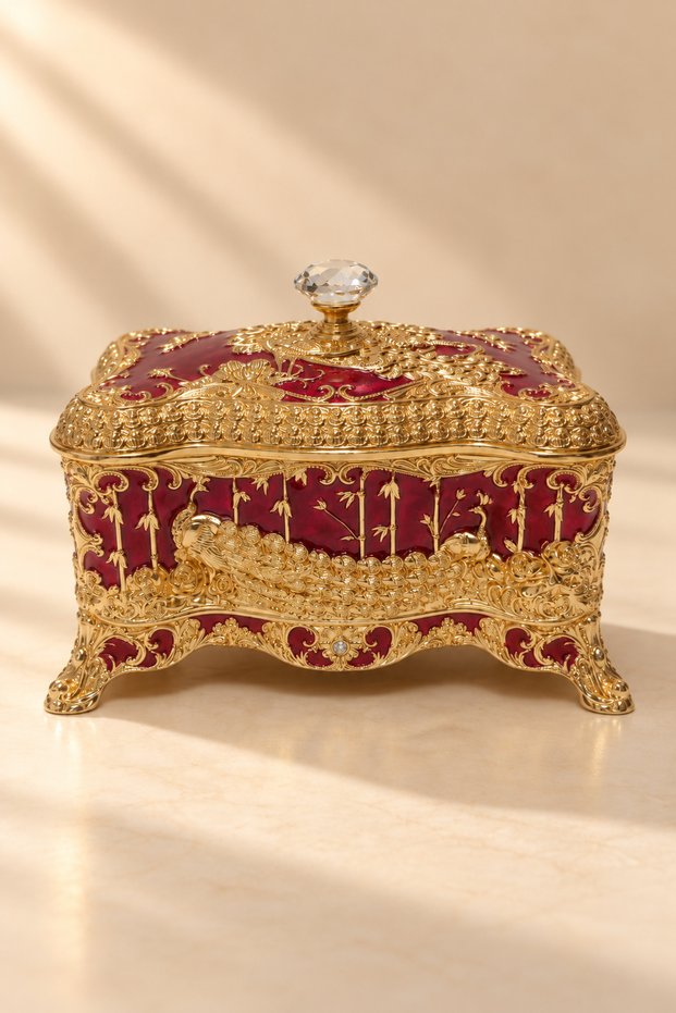Red Gold Peacock Embroidered Decorative Jewelry Box