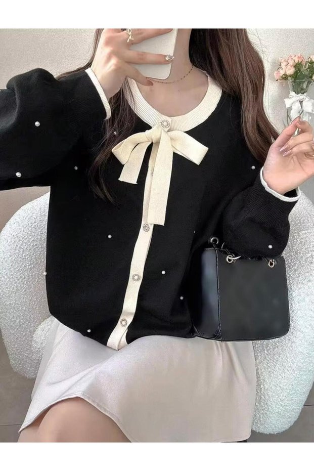 Women's Knitwear Cardigan with Ribbon Detail and Pearl Embroidery