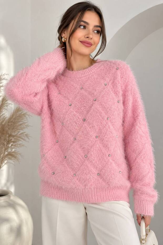 Women's Bearded Thread Pearl Stone Detailed Diamond Patterned Knitwear Sweater