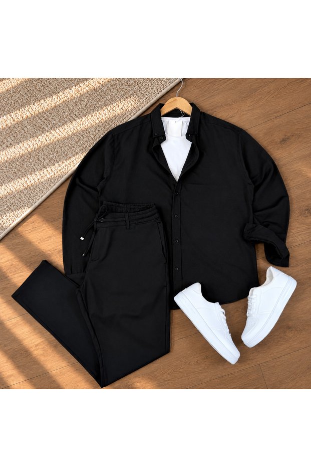 Men's Long Sleeve Regular Fit Melange Fabric Seasonal Shirt & Jogger Pants 2-Piece Set