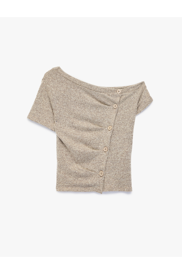Short Sleeve Buttoned Draped Asymmetrical Boat Neck Blouse