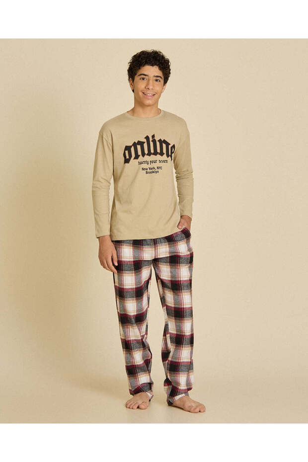 Senior Boys Beige Printed Night Suit
