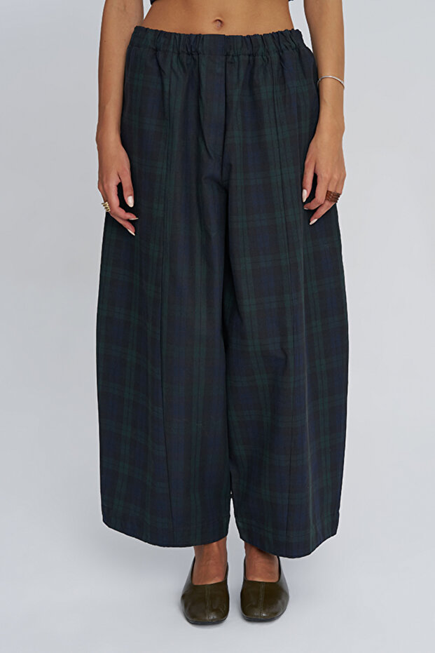 Women's Plaid Patterned Extra Wide Leg Pants with Elastic Waist