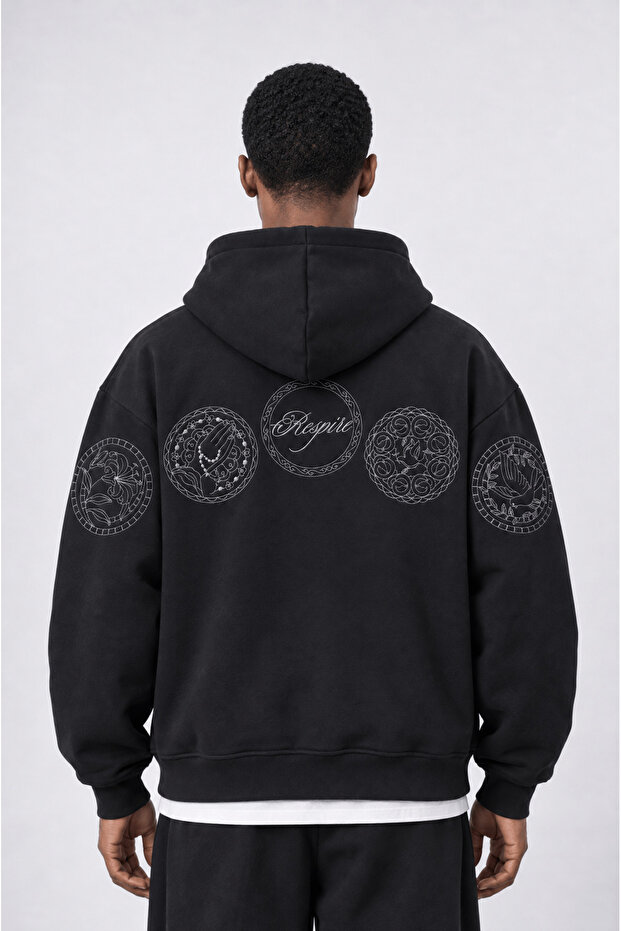 Men's Rosette Embroidered Oversize Hoodie Black