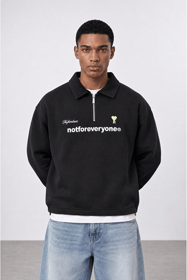 Men's Not for Everyone Embroidered Polo Collar Oversize Sweatshirt Black