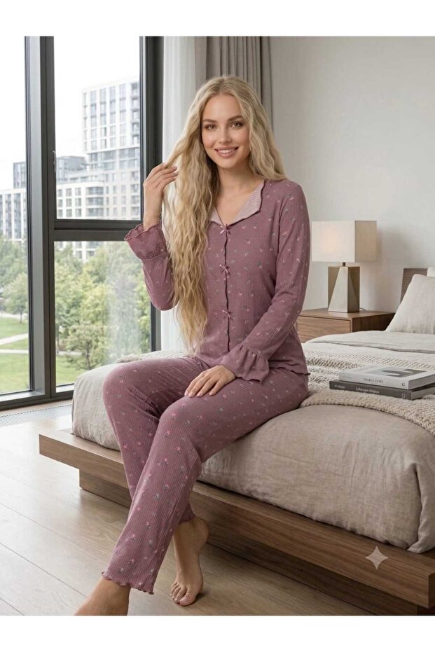Women's Long Sleeve Patterned Bow Detailed Camisole Fabric Pajama Set
