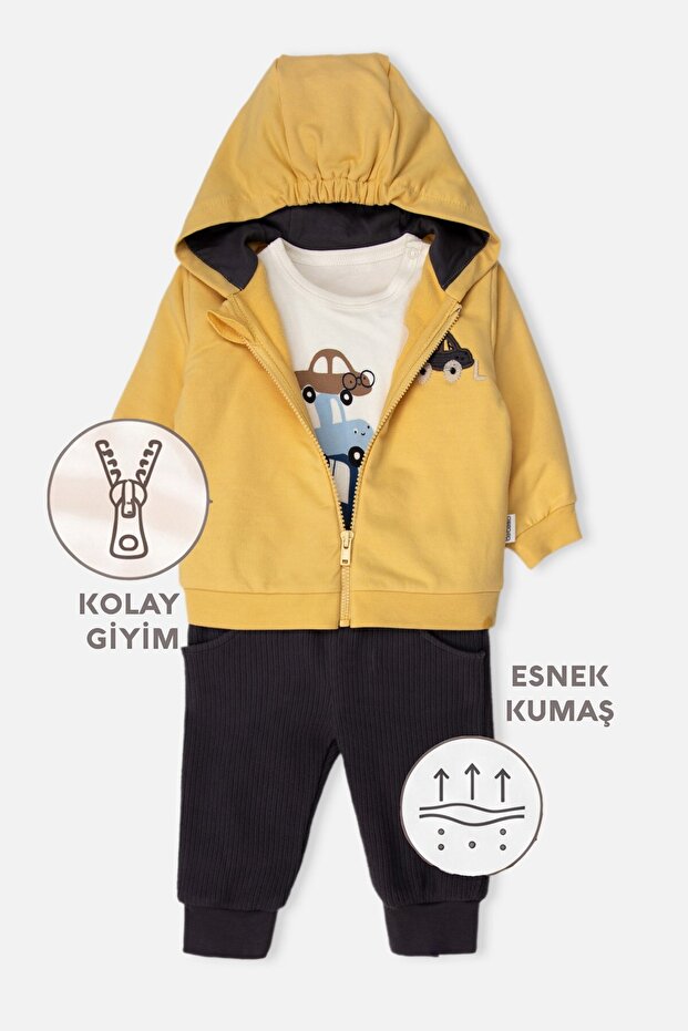 Two-Stranded Hooded Cardigan 3-Piece Set (Crazy Car) Mustard