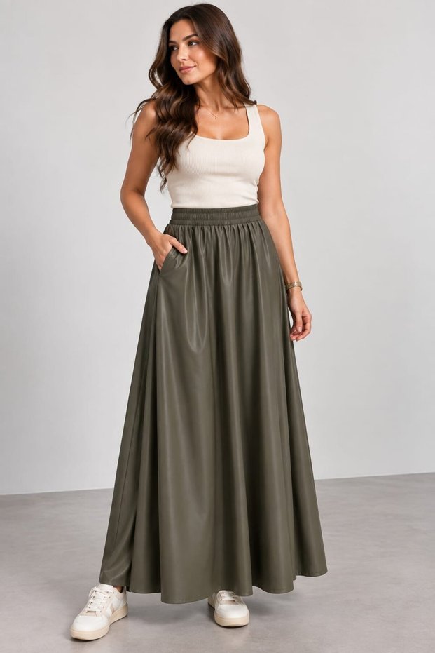 Khaki High Waist Gathered Faux Leather Flared Maxi Skirt