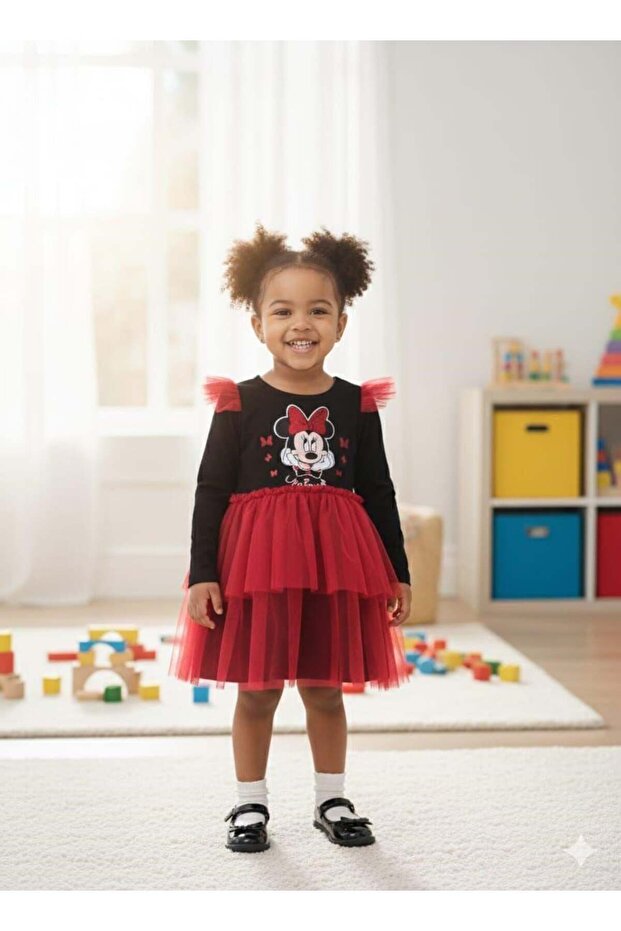 Black Tulle Long Sleeve Combed Cotton Girls' Dress