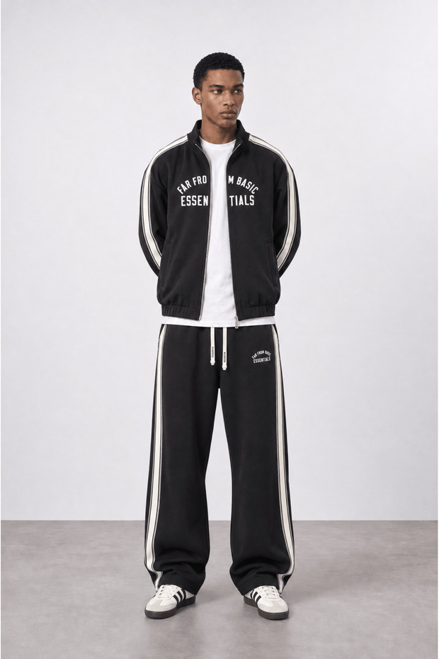 Men's Essentials Stripe Detailed Doubleface Tracksuit Set Black