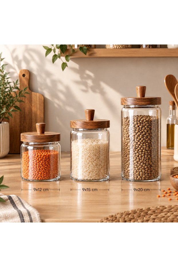 Set of 3 Glass Jars with Wooden Lids and Handles - Set of 3 Different Sizes for Food and Spice Containers