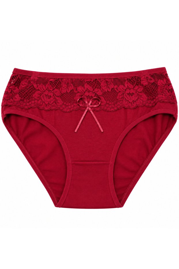 Claret Red Cotton Front Stripe Lace Detailed Plus Size Women's Panties
