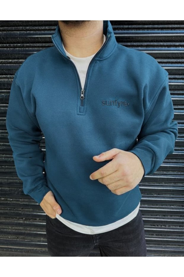 Men's 3 Thread Stand Collar Half Zipper Embroidered Sweatshirt