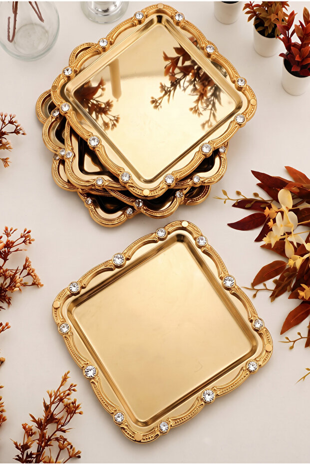 Diamo 6 Pieces Crystal Stone Detailed Silver Stainless Steel Gold Frame Coffee Presentation Tray Serving Decorative Tray