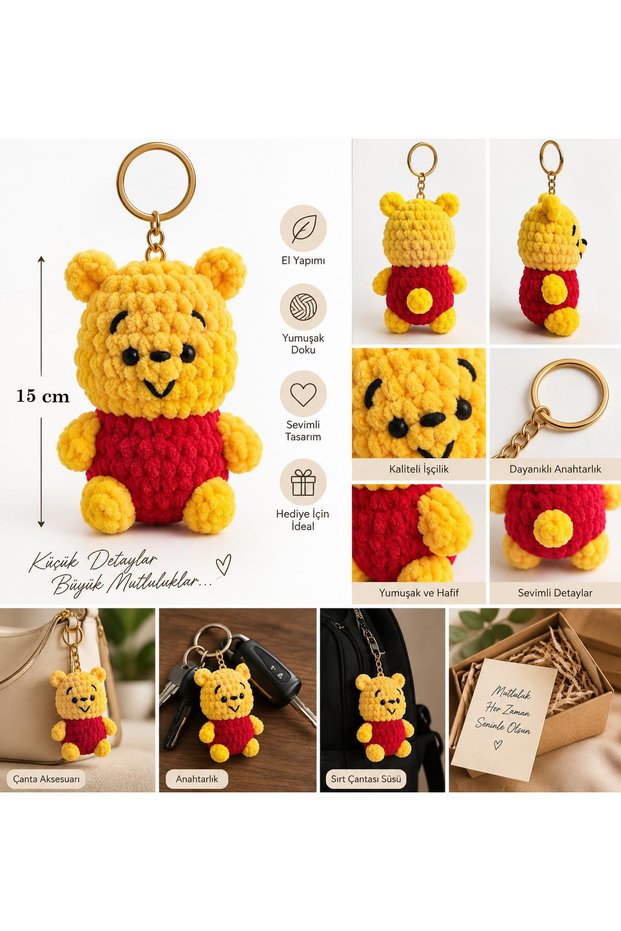 Handmade Knitted Velvet Teddy Bear Keychain – Yellow Red Bag Accessory