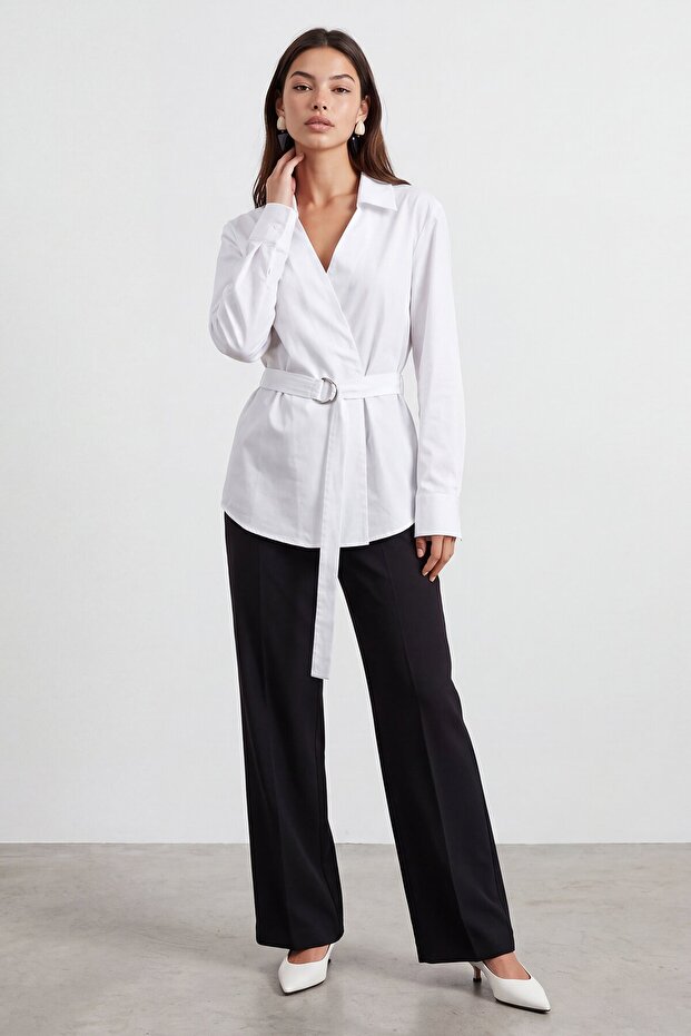 V-neck belted shirt