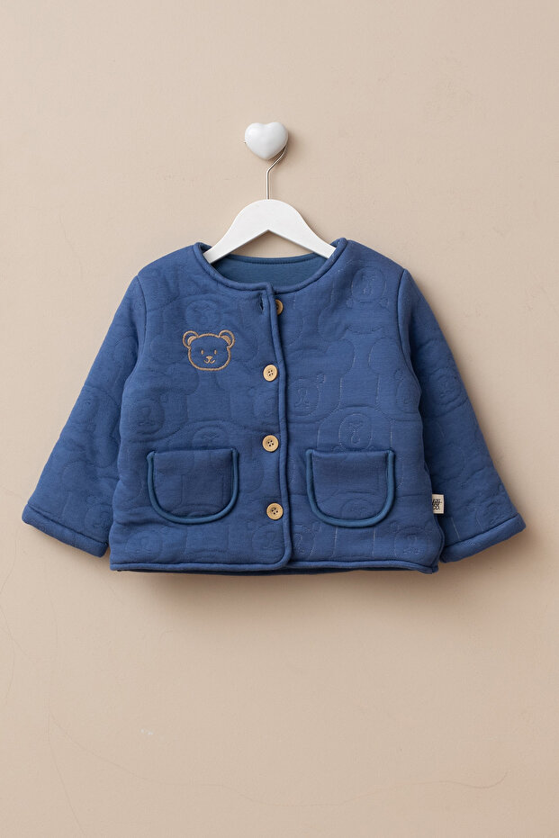 Children's Embroidered Double Layer Lined Fiber-Filled Quilted Jacket Buttoned Cardigan Coat