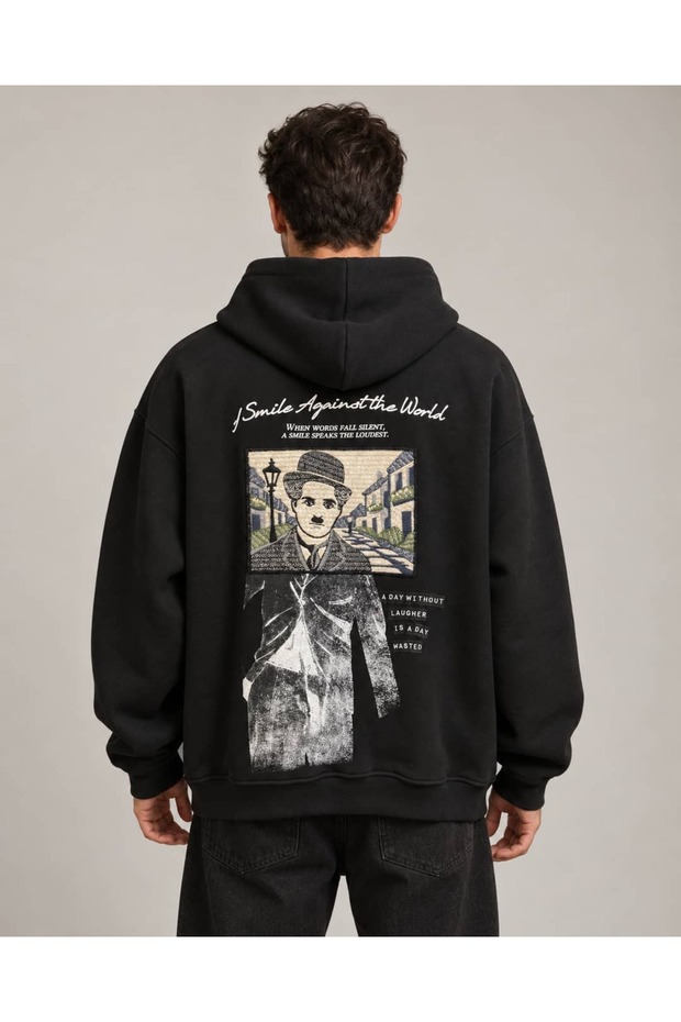 Charlie Chaplin Embroidered Black Super Oversize Unisex Hooded Hoodie Sweatshirt