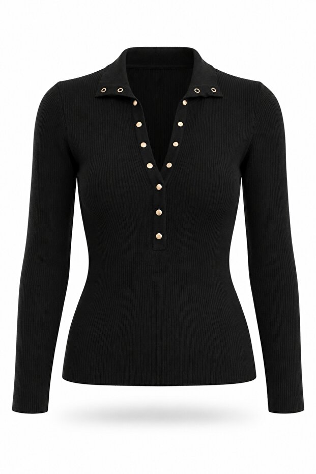 Black Stand-Up Collar Knitwear with Snap Fasteners 251037