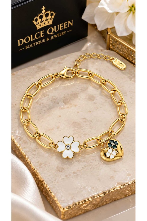 Xuping White Flower and Heart Charm Detailed Steel Women's Bracelet