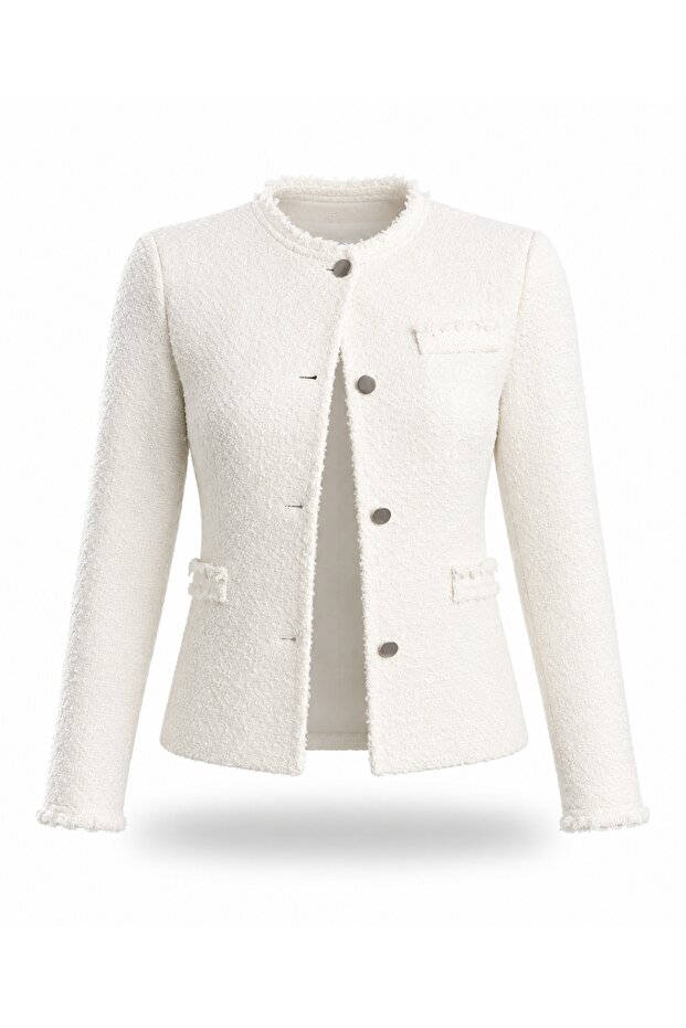 Ecru Buttoned Tweed Jacket 03044