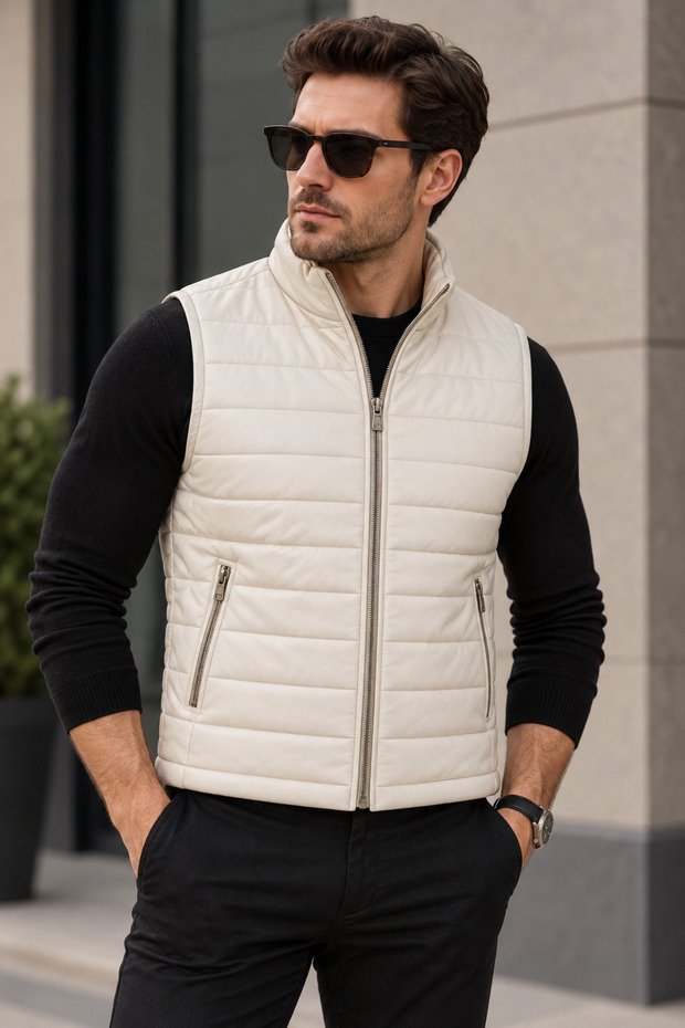 Leao Genuine Leather Men's Ecru Puffer Vest