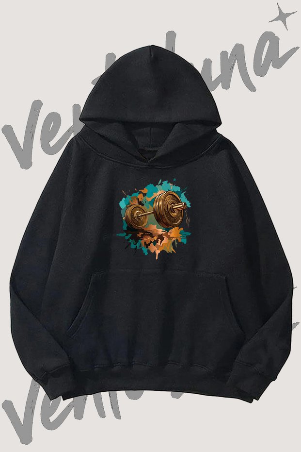 Barbell Weightlifting Design Pre-Printed Black Hooded Sweatshirt