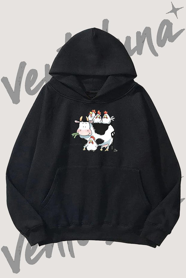 Cow Chicken Design Pre-Printed Black Hooded Sweatshirt