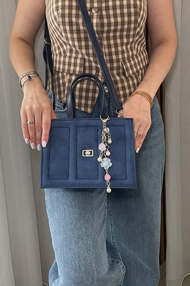 Women's Navy Blue Suede Bag - Adjustable Long Strap Hand and Shoulder Bag - with Charm Gift