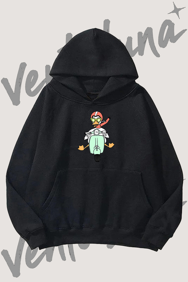Duck Scooter Design Pre-Printed Black Hooded Sweatshirt