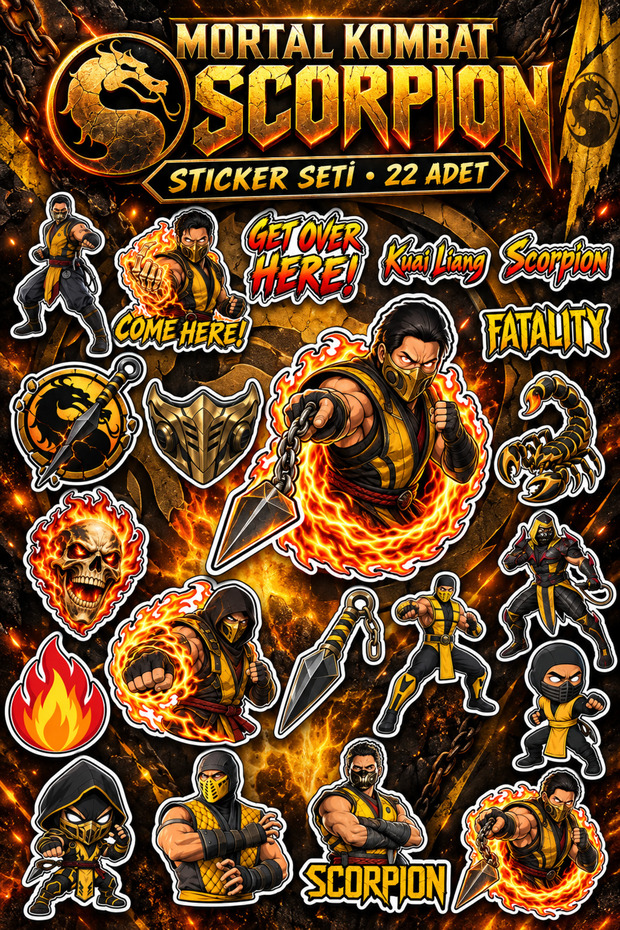 Mortal Kombat Scorpion Sticker Set 22 Pieces | Game Themed Sticker Pack