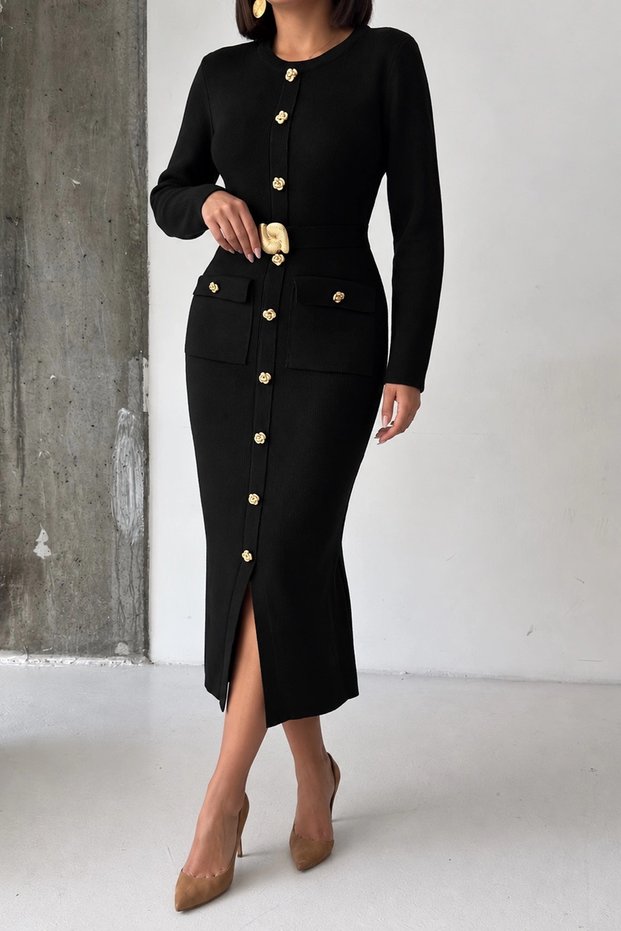 Women's Black Stylish Slim Midi Knitwear Dress with Button and Belt Detail (Size S/M)