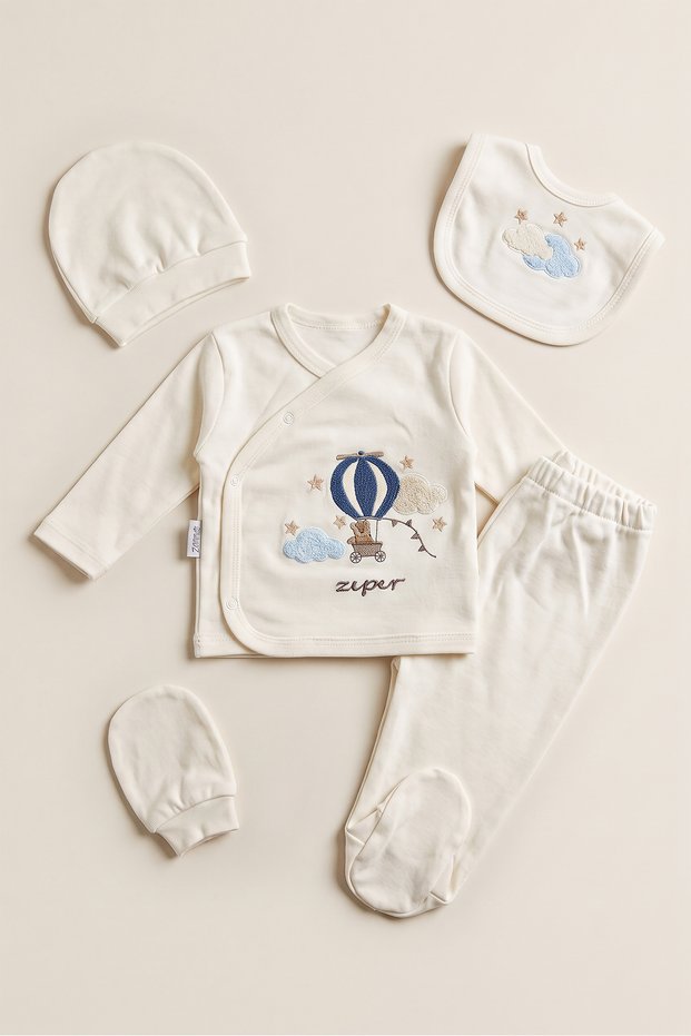 Newborn Cotton 5-Piece Boxed Hospital-Issued Punch Embroidered Striped Baby Set 0-3 Months