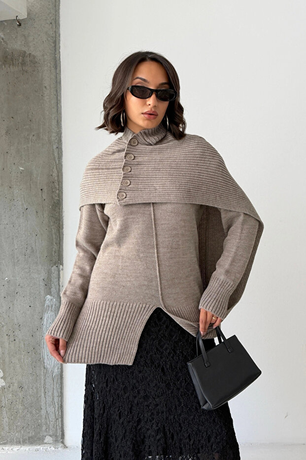 Women's Stone Color Buttoned Shawl Detailed Slit Premium Quality Knitwear Poncho Sweater