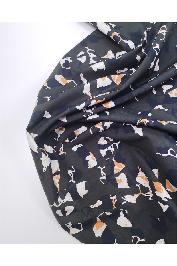 Khaki with Orange Ecru Black Patterned Full Poplin Fabric for Shirts & Dresses 150X360Cm