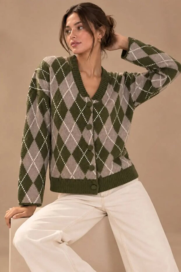 Women's Diamond Patterned V-Neck Knitwear Cardigan Buttoned Soft Textured Knitted 8788Sw