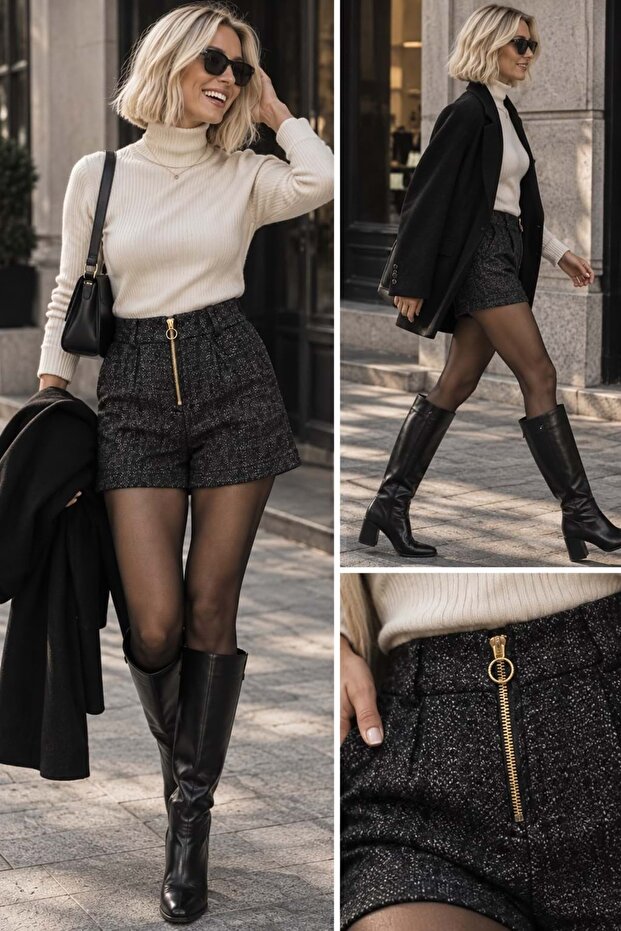 Textured Accessory Zipper Detailed Winter Shorts / Kaşe