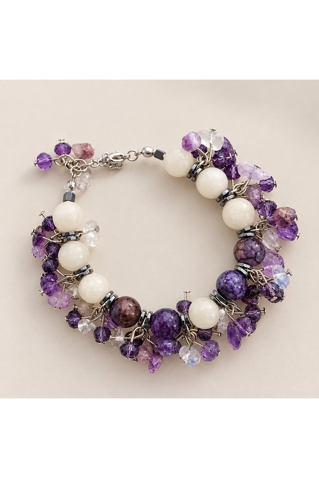 Moonstone, Amethyst, Spider Agate Natural Stone Hematite Steel Clasp Handmade Bracelet