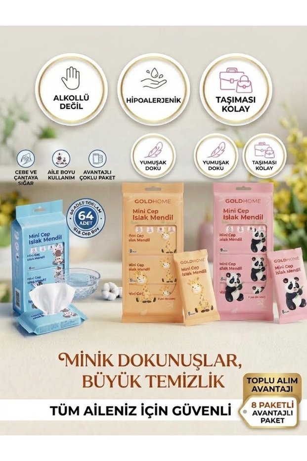 Mini Pocket Wet Wipes 8X8 Advantage Pack of 64 - Alcohol-Free Hypoallergenic Wet Wipes in Bag Size